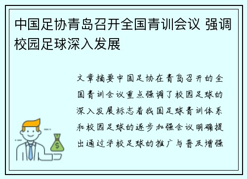 中国足协青岛召开全国青训会议 强调校园足球深入发展