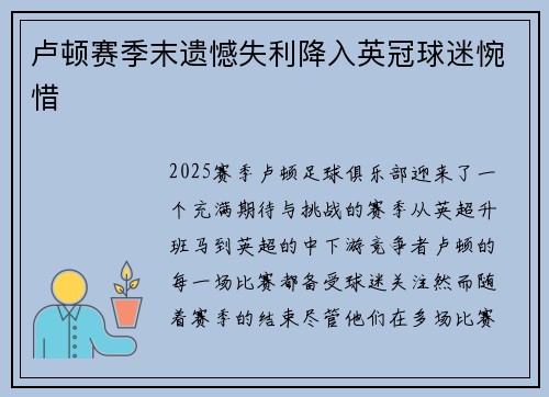 卢顿赛季末遗憾失利降入英冠球迷惋惜
